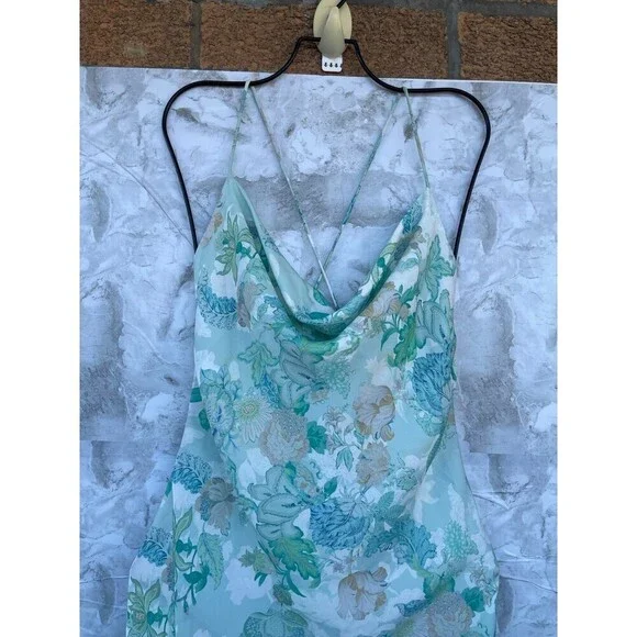 RESA River Dress Blue green Floral Maxi Long Open Back Straps satin size large - Picture 4 of 12